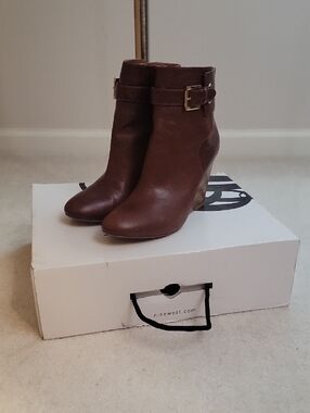 Nine West Dark Brown Leather Wedge Ankle Boots with Buckle